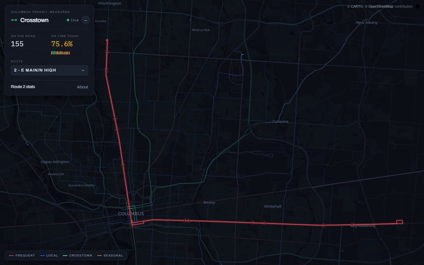 The live map with one route selected: its strand lit bright across the city while the rest of the network recedes, the camera framed to the route