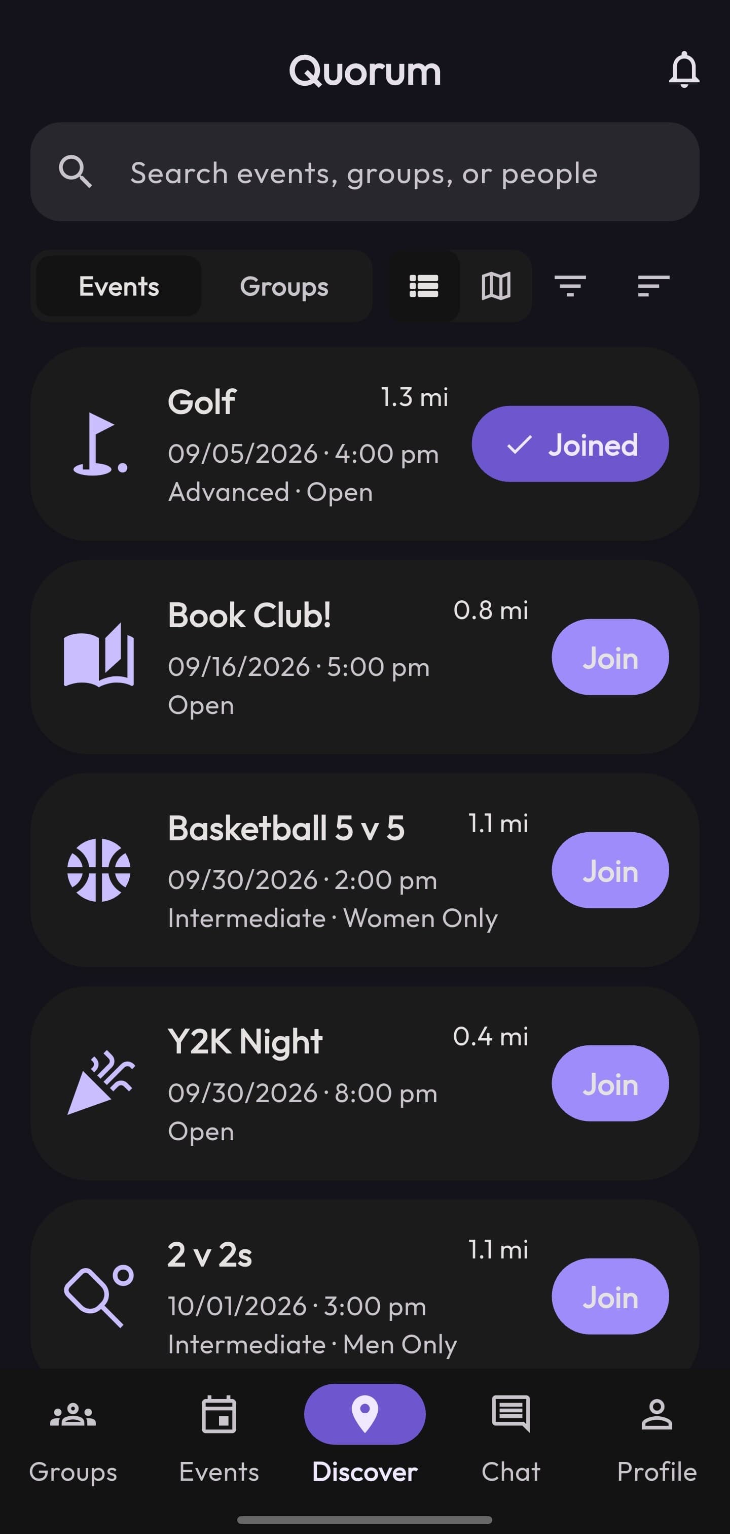 Quorum's Discover screen: a feed of nearby events showing category, date and time, distance, and a Join button