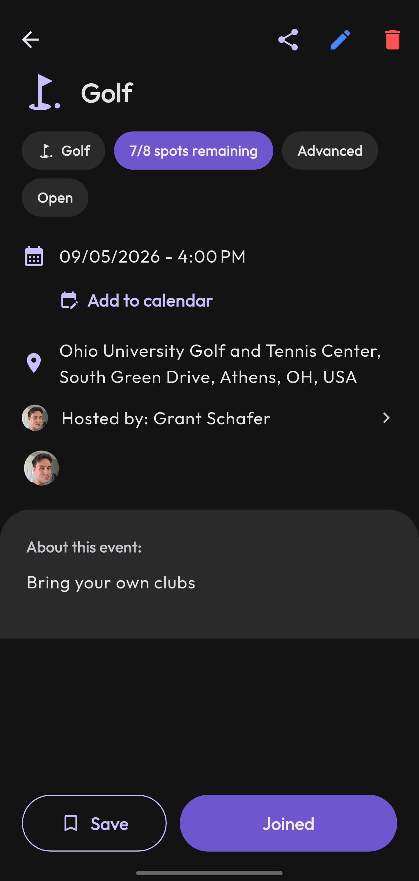 A Quorum event detail screen showing the host, attendees, location, open spots, and a Join button