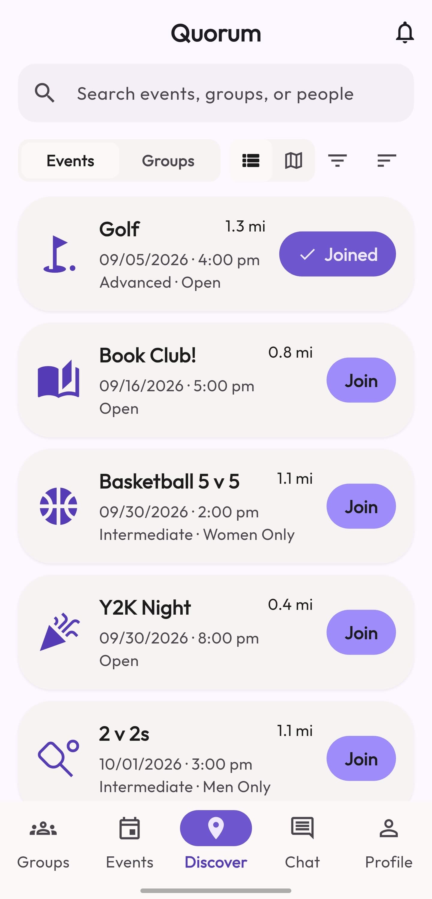 The same Discover feed in light mode, showing Quorum's light/dark design system