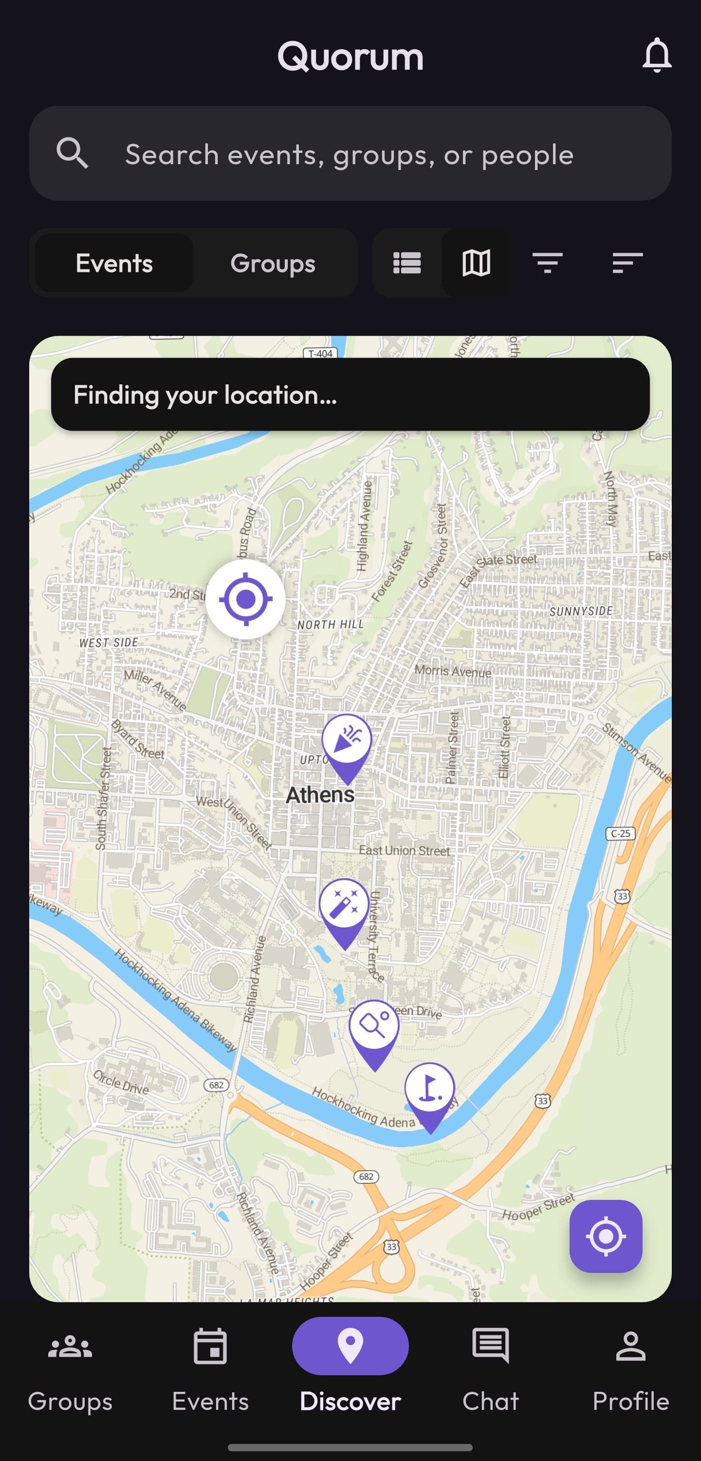 Quorum's Discover map view, plotting nearby events by location